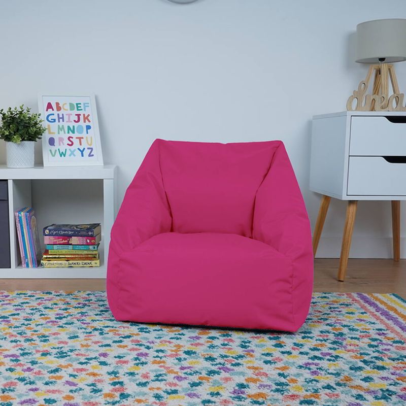Pink childrens beanbag chair. Indoor outdoor water resistant, non slip base, double stitching. High back support, perfect for children. 
